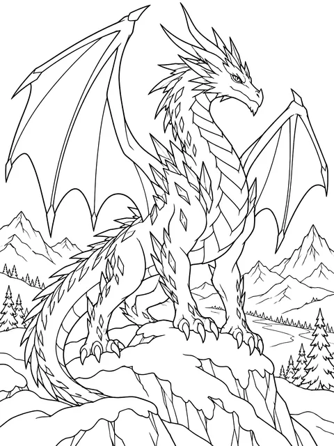 Ice dragon on a snowy mountain coloring page