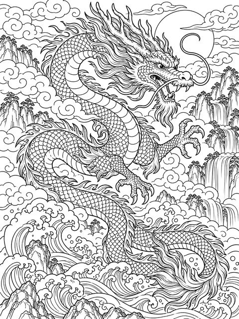 Detailed Eastern dragon among clouds and waves coloring page