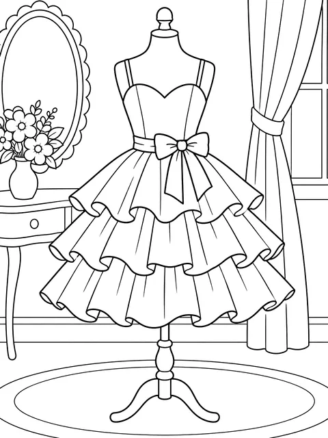 Party dress with three tiers of ruffles coloring page