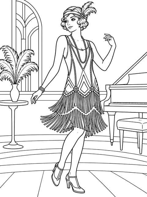 1920s drop-waist dress with fringe coloring page