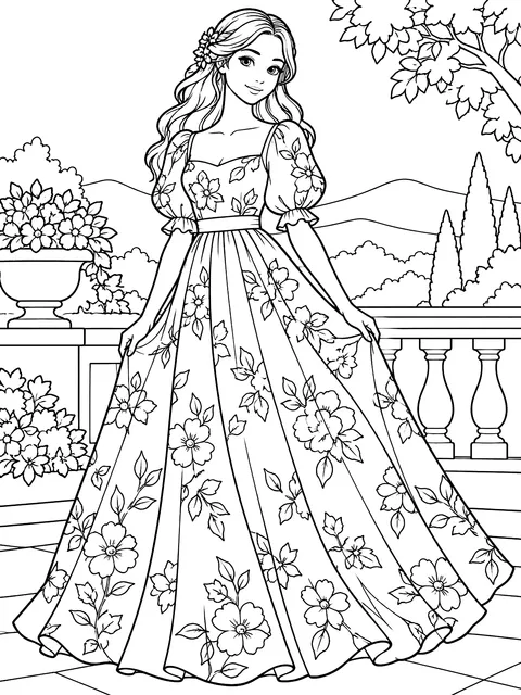 Long floral dress coloring page