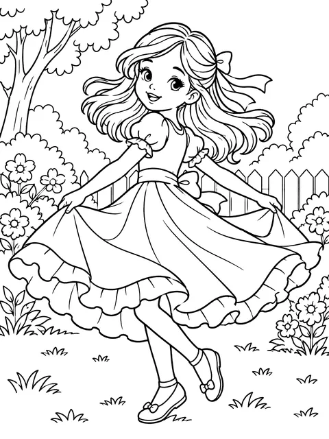 Girl twirling in a dress coloring page