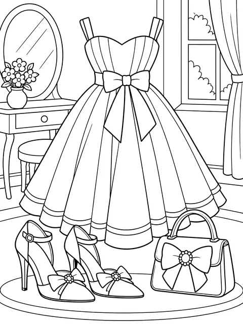 Dress with matching shoes and a bag coloring page