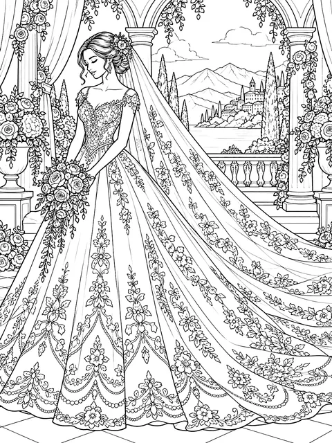 Detailed Wedding dress with a veil and train coloring page