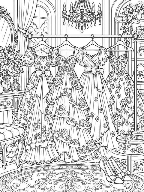 Detailed Wardrobe rail hung with dresses coloring page