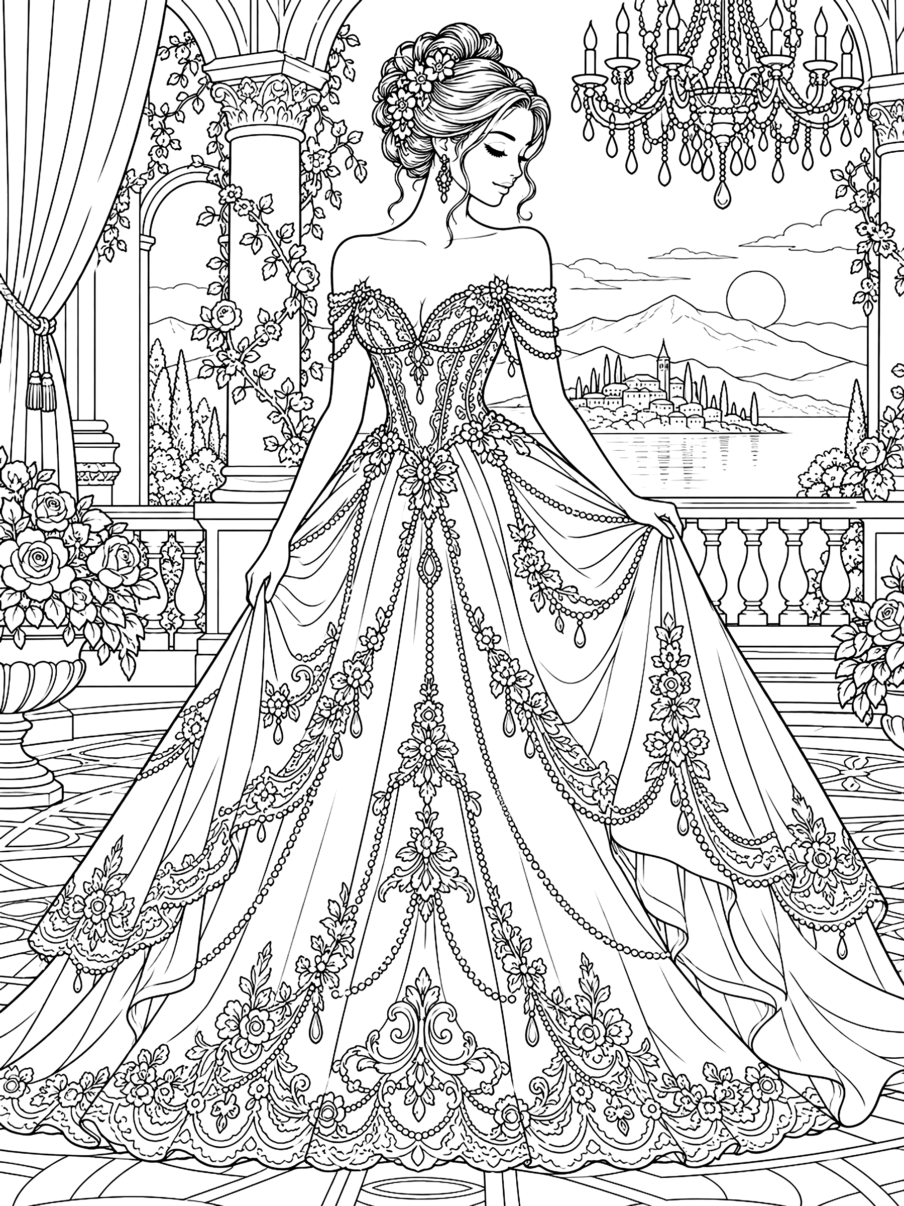 Detailed Evening gown with beading and lace coloring page