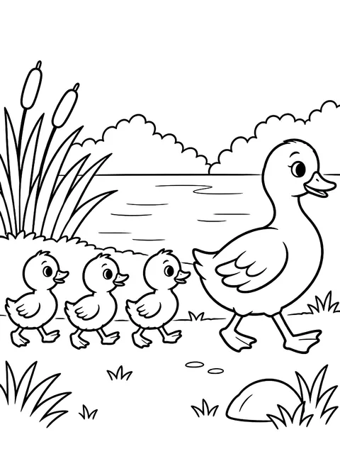 Mother duck leading her ducklings coloring page