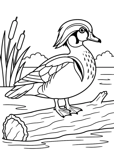 Wood duck on a log coloring page