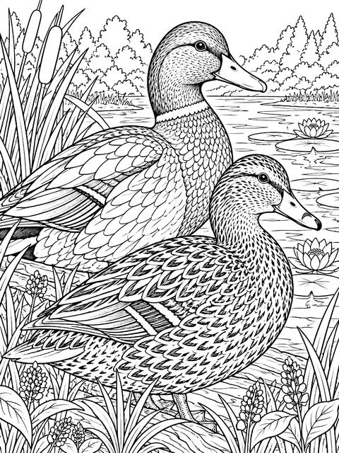 Detailed Realistic mallard pair coloring page