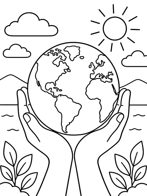 Hands holding the Earth coloring page