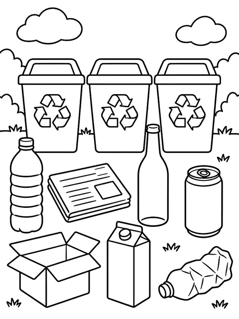 Items to sort for recycling coloring page