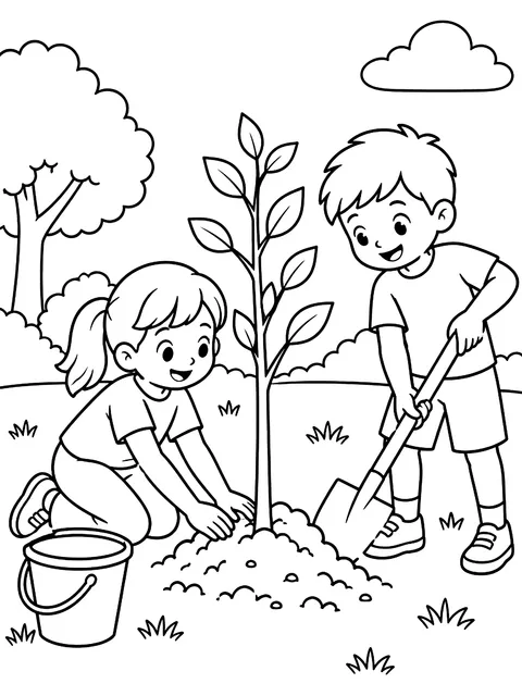 Kids planting a tree coloring page