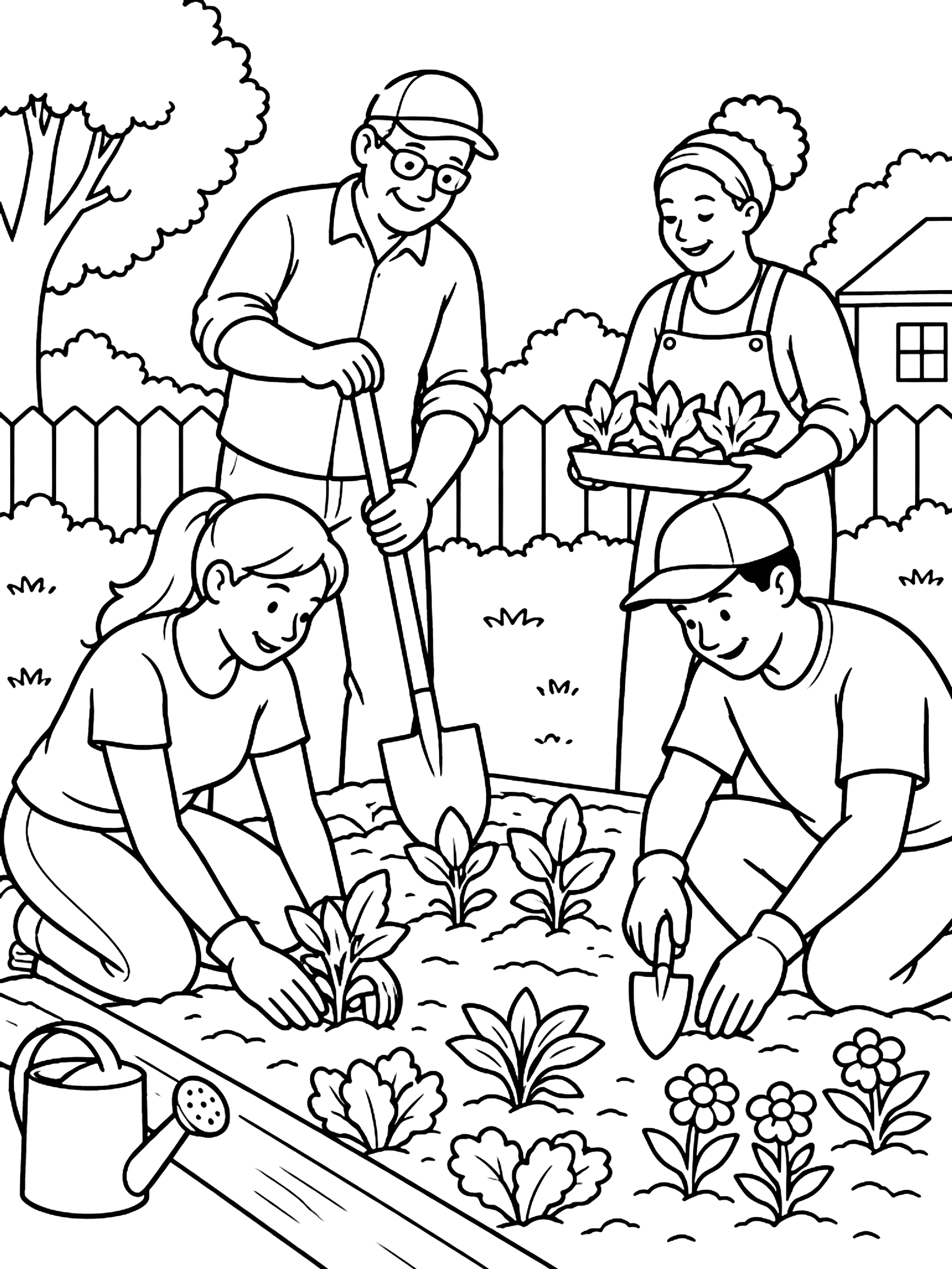 Neighbors planting a community garden coloring page