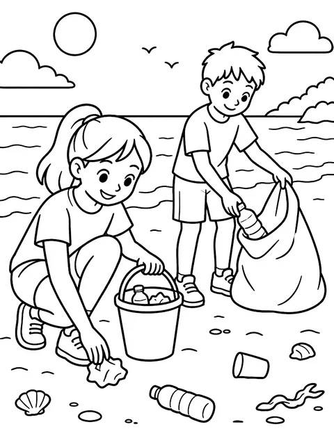 Beach clean-up with buckets and bags coloring page