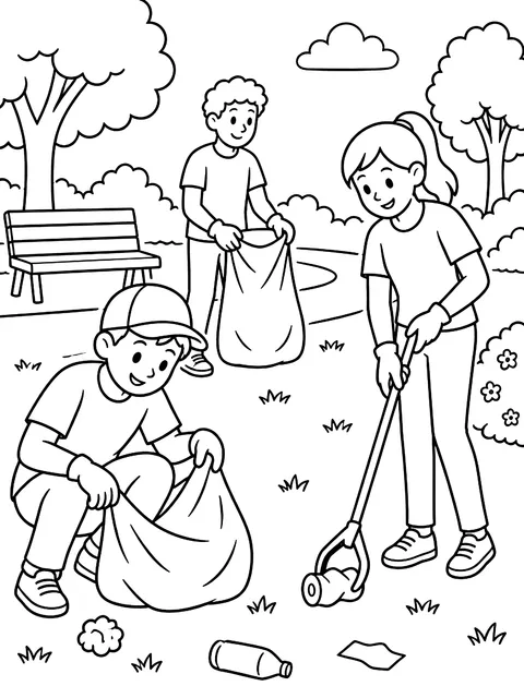 Park clean-up crew coloring page