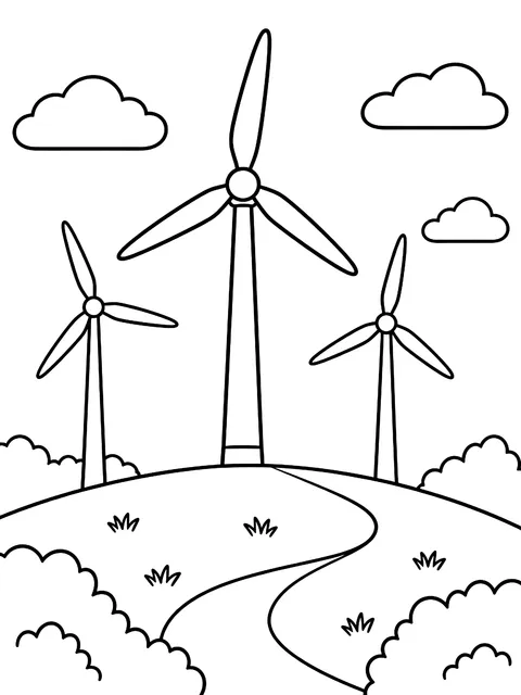 Wind turbines on a hill coloring page