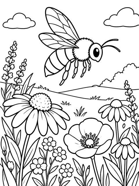 Bee in a wildflower meadow coloring page