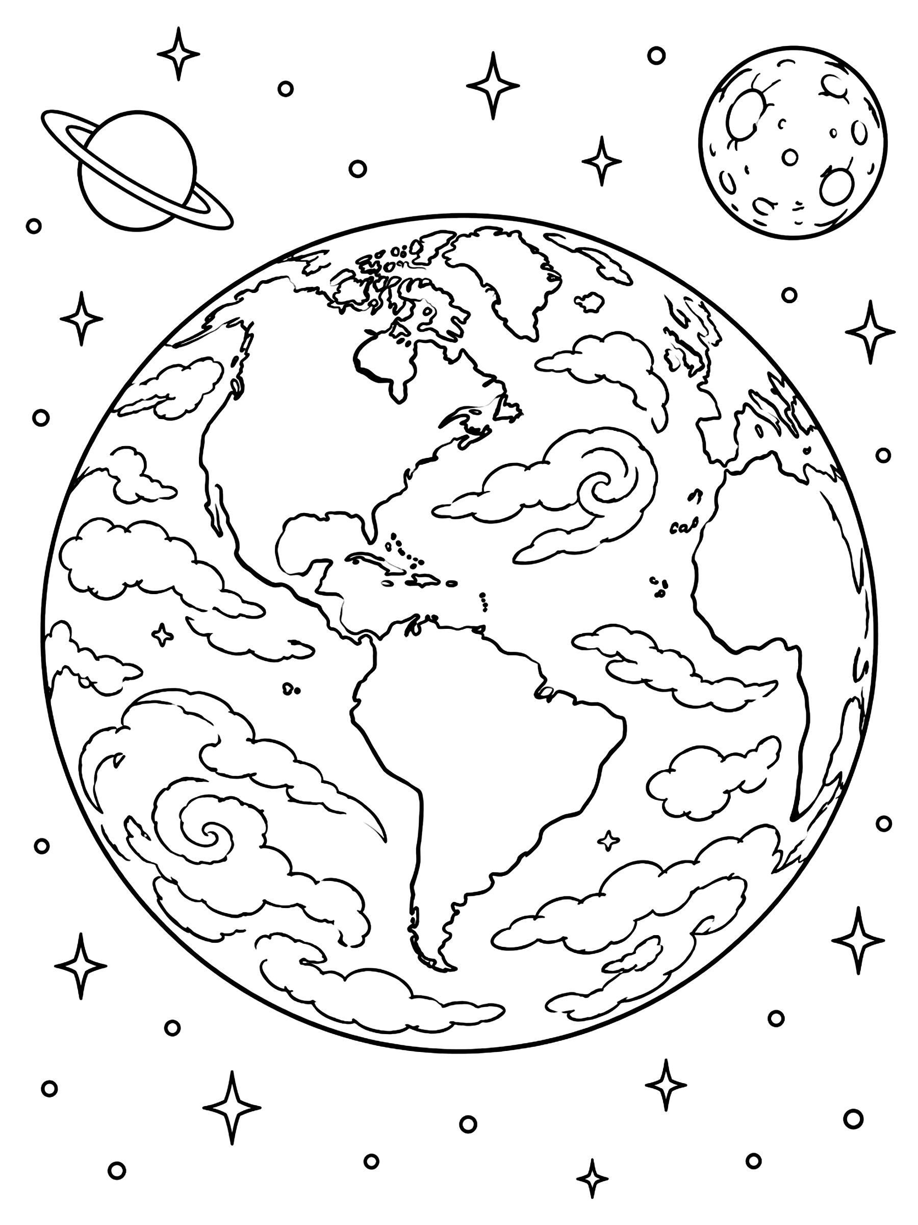 Earth from space with clouds coloring page