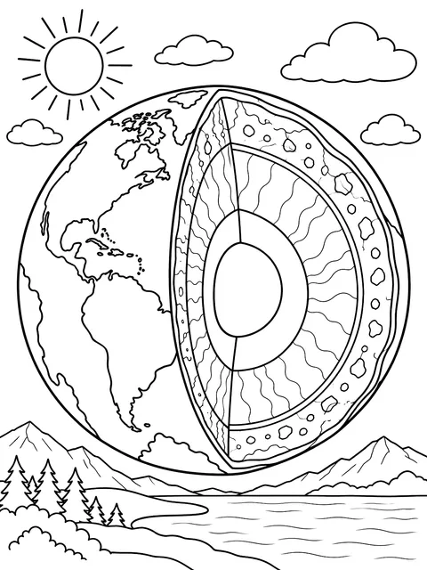 Earth's layers cutaway coloring page