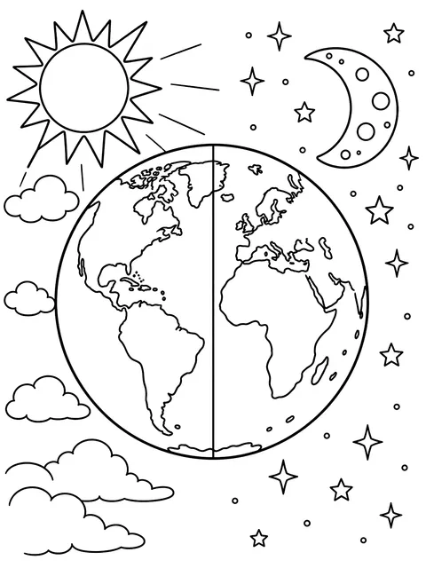 Earth half in day and half in night coloring page