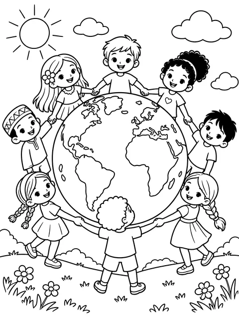 Children holding hands around the Earth coloring page