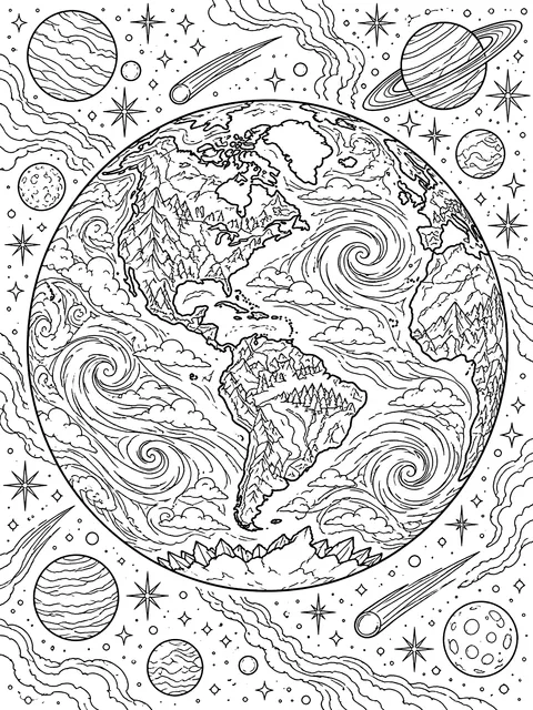 Detailed Detailed Earth with storm swirls and ice caps coloring page