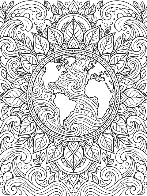 Detailed Earth mandala with leaves and waves coloring page