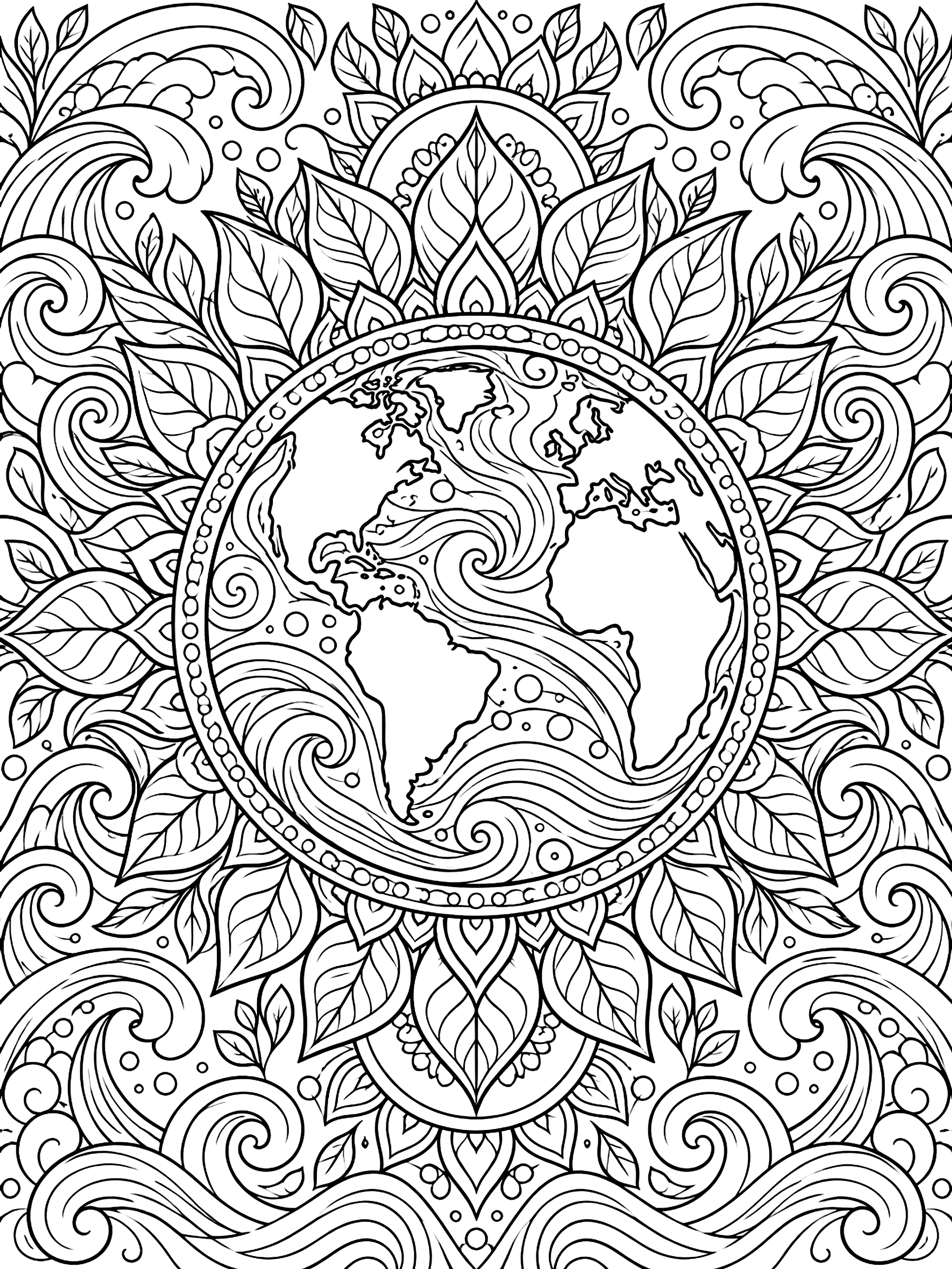 Detailed Earth mandala with leaves and waves coloring page