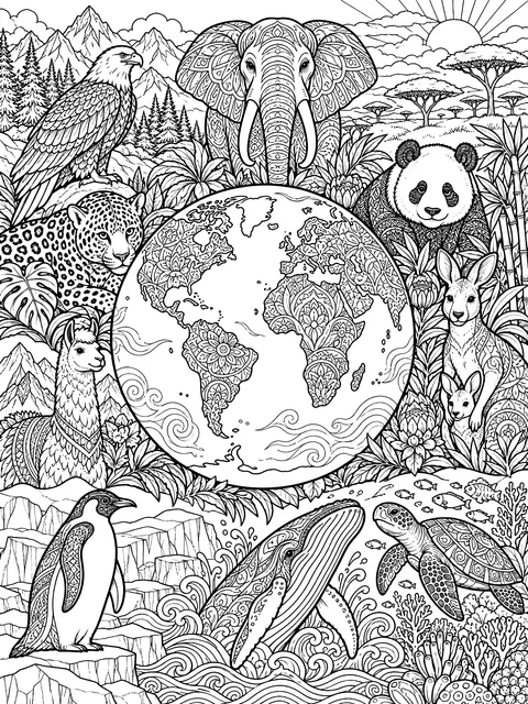 Detailed Earth surrounded by animals from each continent coloring page