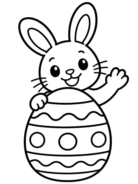 Easy Bunny waving from behind a giant egg coloring page