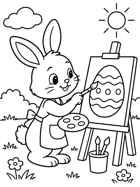Bunny painting an egg at an easel coloring page