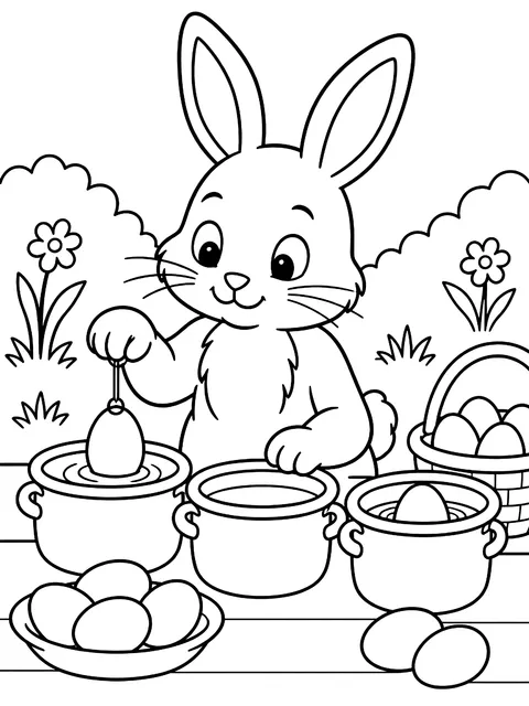 Bunny dipping eggs in pots of dye coloring page