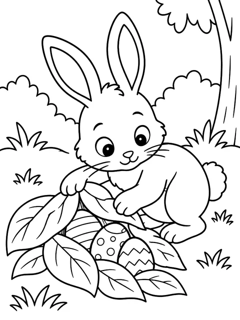 Bunny hiding eggs under leaves coloring page