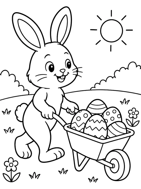 Bunny pushing a wheelbarrow of eggs coloring page