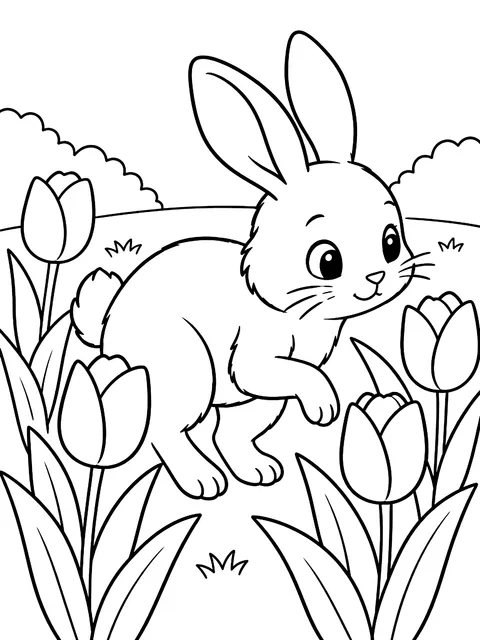 Bunny tiptoeing through tulips coloring page