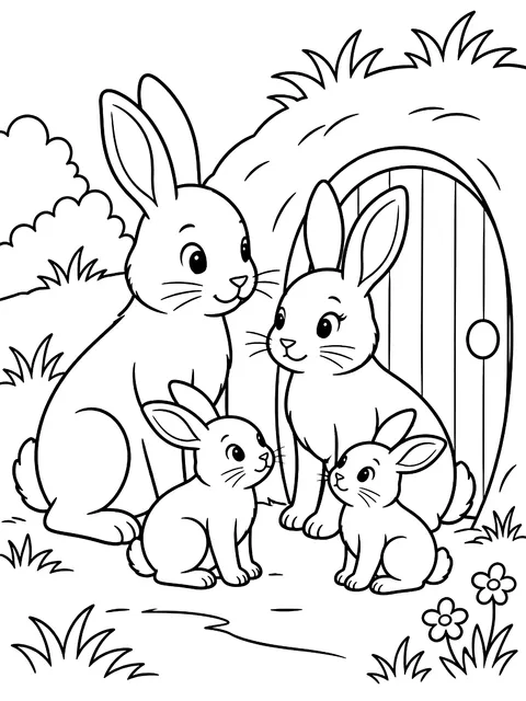 Bunny family at the burrow door coloring page