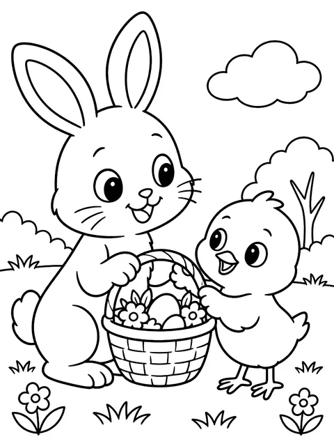 Bunny and chick sharing a basket coloring page