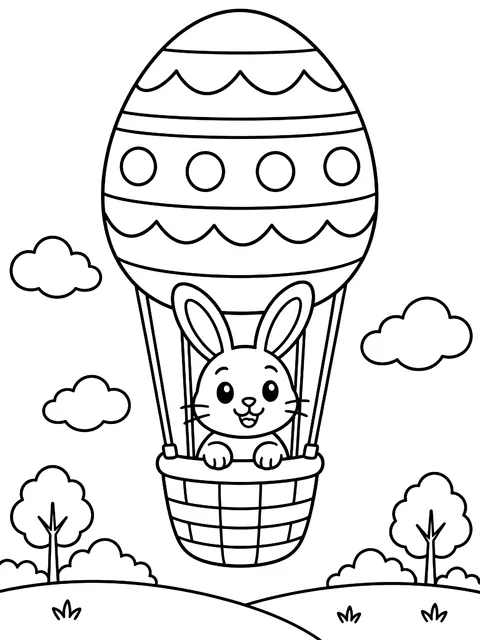 Bunny in an egg-shaped hot air balloon coloring page