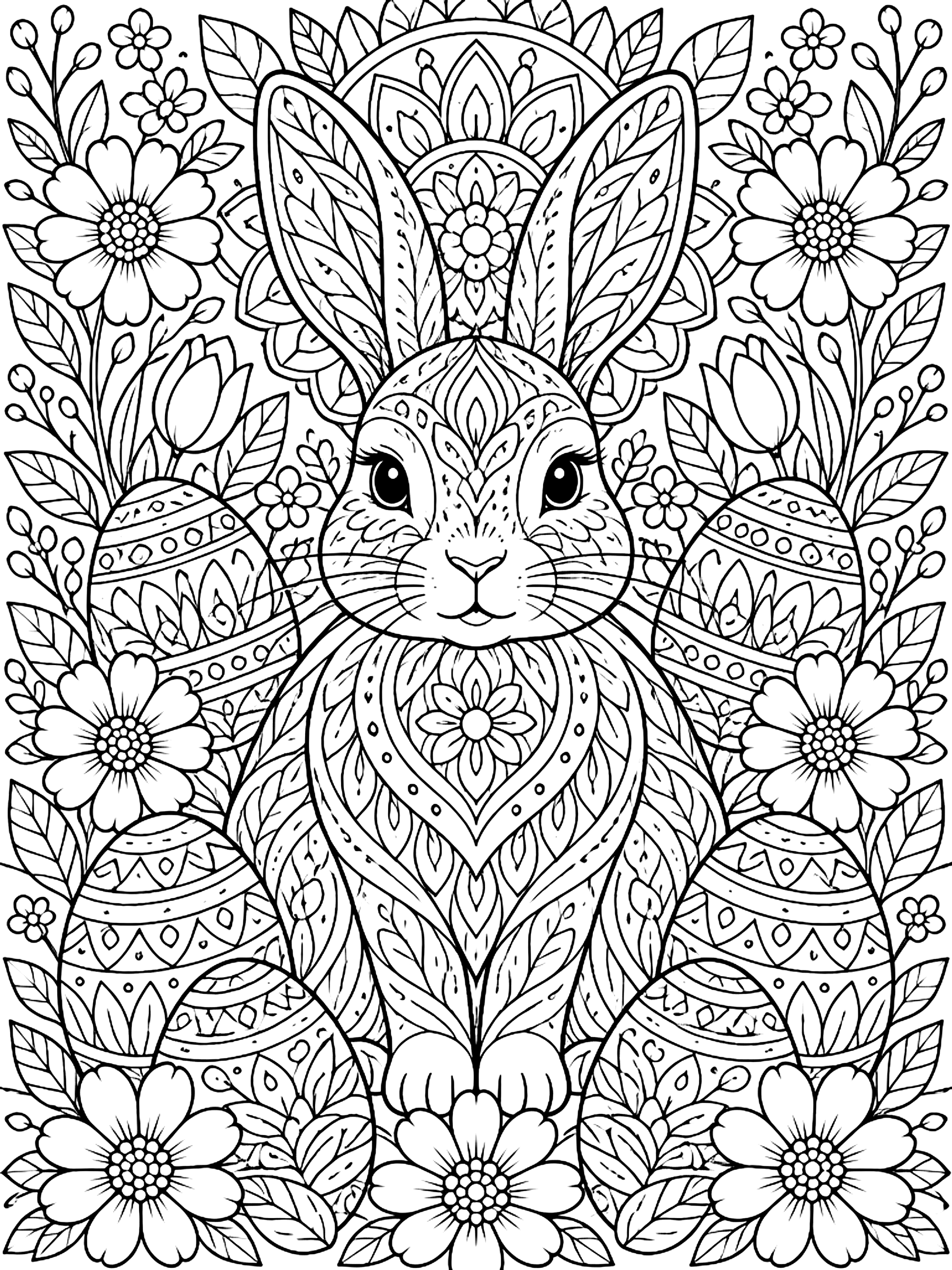 Detailed Bunny mandala with eggs and flowers coloring page