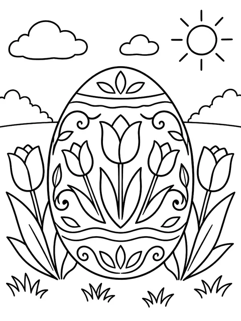 Egg with tulips and vines coloring page