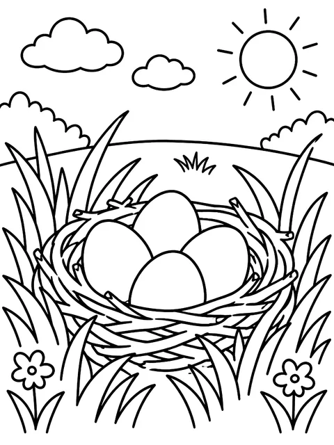 Nest of eggs in the grass coloring page