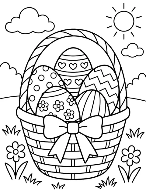 Patterned eggs in a basket coloring page