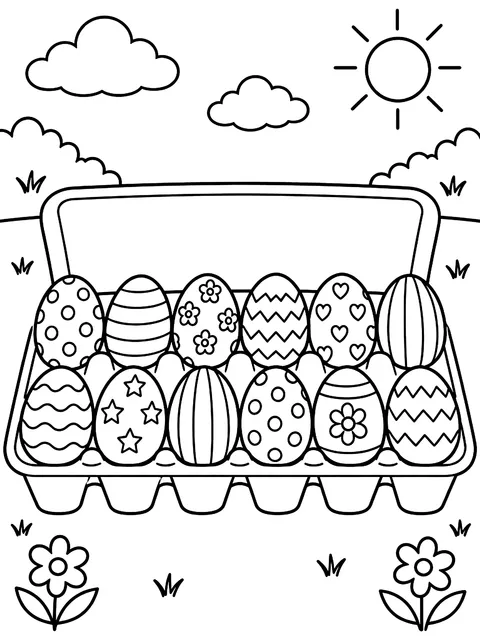A dozen decorated eggs in a carton coloring page
