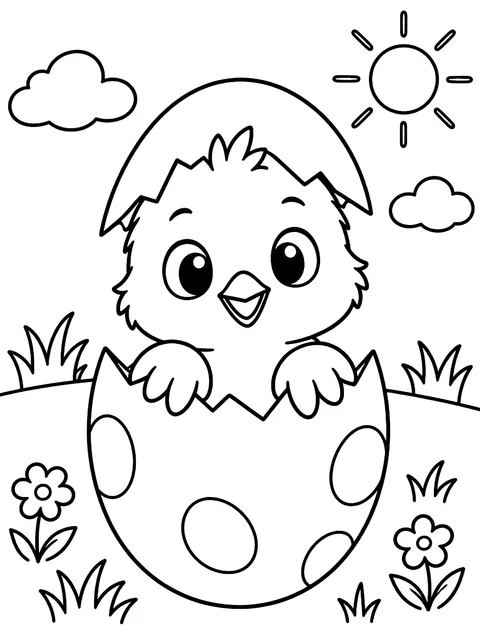 Chick peeking out of a cracked egg coloring page