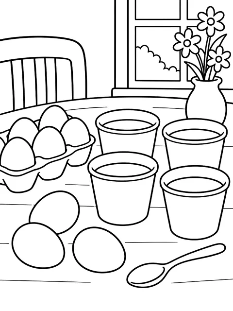Eggs and cups of dye on a table coloring page