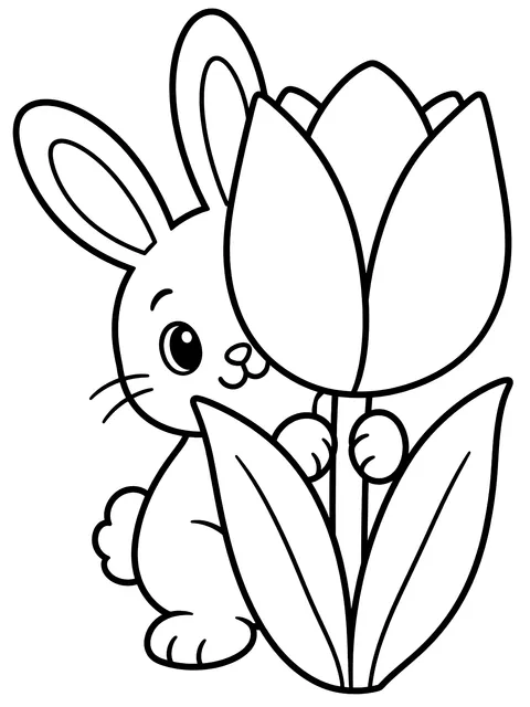 Easy Bunny hiding behind a tulip coloring page