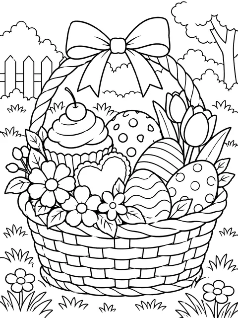 Basket packed with treats and flowers coloring page
