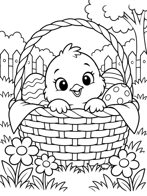 Chick peeking over a basket rim coloring page