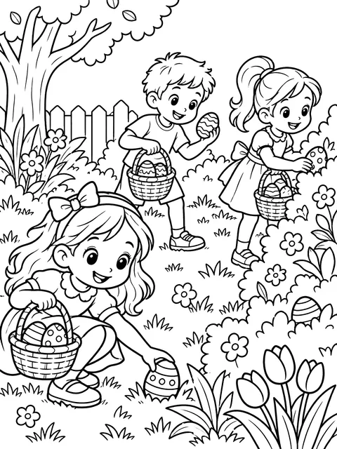 Kids on an egg hunt in a garden coloring page
