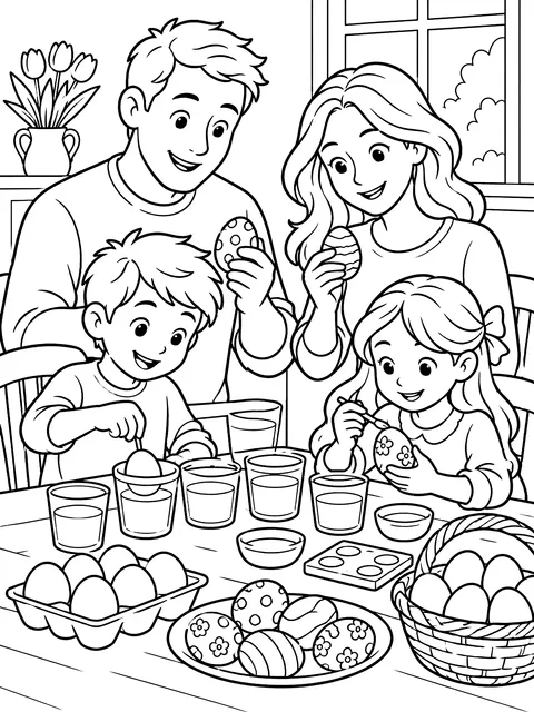 Family dyeing eggs at the table coloring page